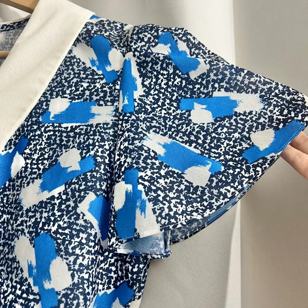 VINTAGE LARGE 90's Blue Abstract Day Dress Midi Peter Pan Collar Short Sleeve - Picture 4 of 8